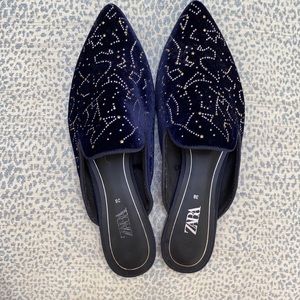 Zara navy velvet constellation slides- new- never worn